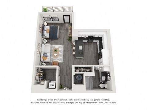 A top-down view of a room with a kitchen, living room, and bathroom.